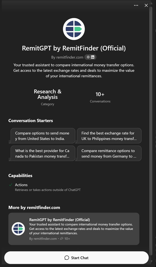RemitGPT by RemitFinder - An AI assistant to compare international money transfers