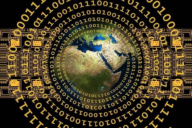 An image of globe surrounded by concentric circles of gold colored numbers