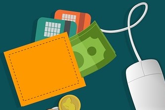 A graphic with a wallet containing money and cards, and a computer mouse wire going into it, thus suggesting it is an electronic, digital wallet.