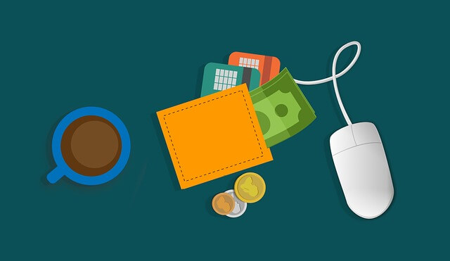 A graphic with a wallet containing money and cards, and a computer mouse wire going into it, thus suggesting it is an electronic, digital wallet.