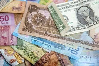 An assortment of foreign currency notes from various countries