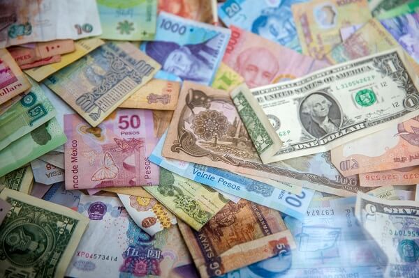 An assortment of foreign currency notes from various countries