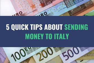 Various Euro denomination currency bills with the title - 5 Quick Tips about Sending Money to Italy