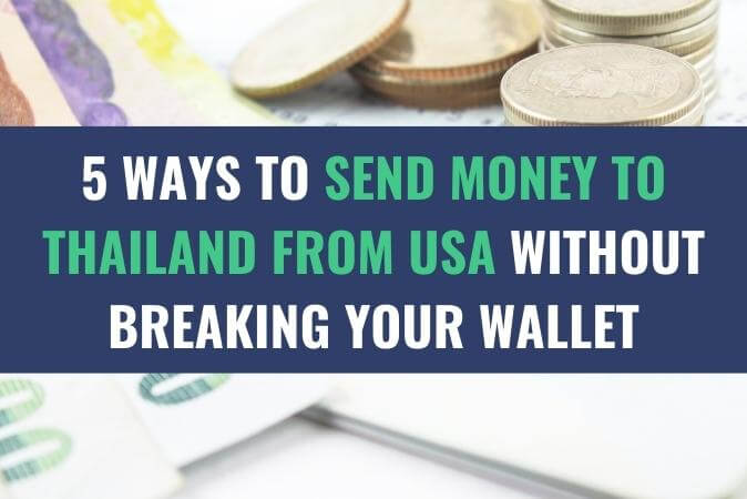 An image of currency bills and coins next to a laptop with the title - 5 Ways to Send Money to Thailand from USA without Breaking Your Wallet