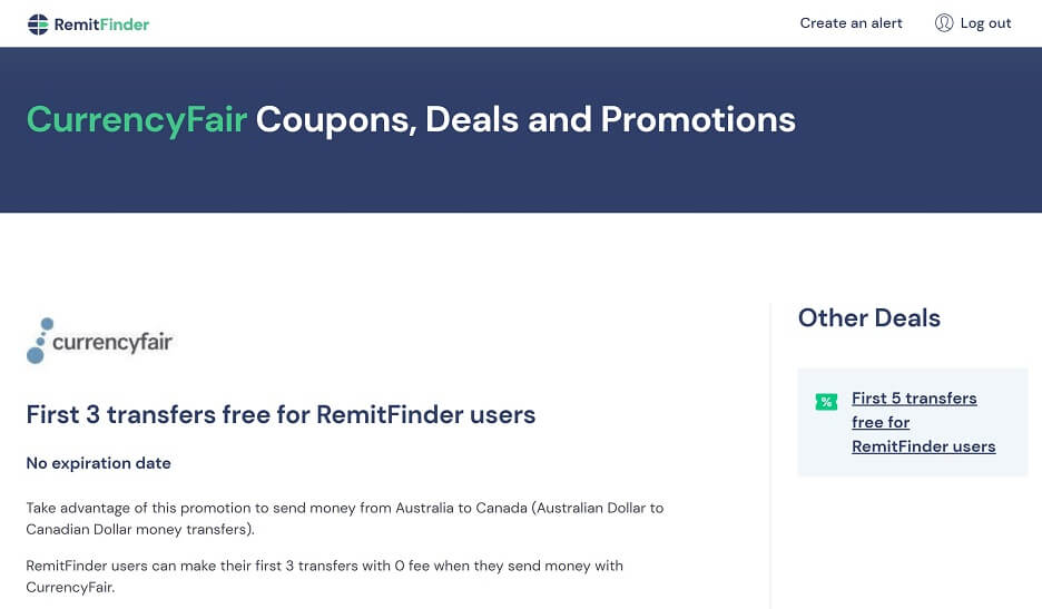CurrencyFair deal offering 3 free transfers for RemitFinder users