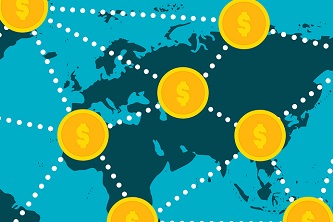 Map of the world interconnected with money symbols indicating international money transfers