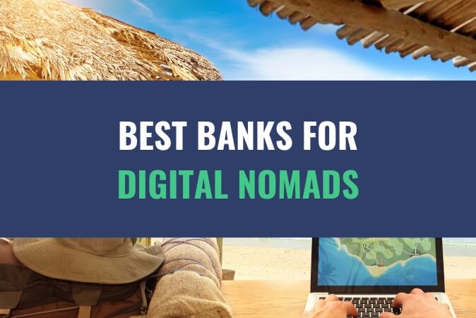 An image of a person sitting on a beach and working on a laptop with the title - Best Banks For Digital Nomads
