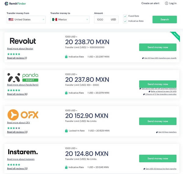 A screenshot of RemitFinder's search results for the best options to send money from the US to Mexico