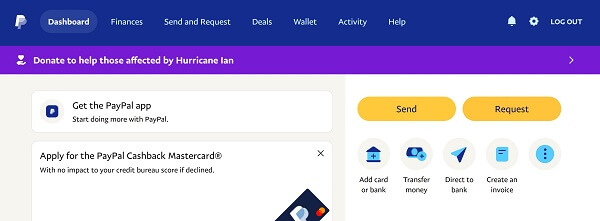 An image showing PayPal dashboard menu for linking a bank account with PayPal