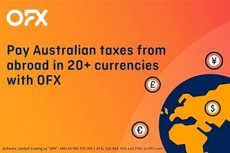 An OFX brand image showing how to pay Australia and New Zealand taxes from overseas using OFX international money transfers
