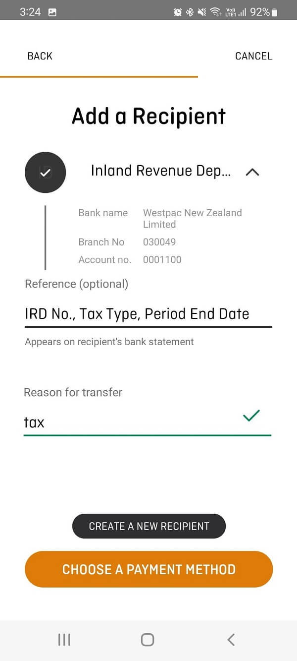 An image showing how to add the IRD number and related details for your OFX money transfer