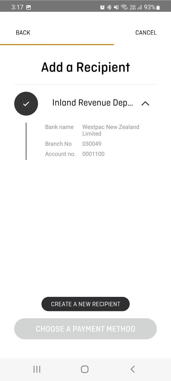 An image showing how to add the IRD as a recipient in your OFX account