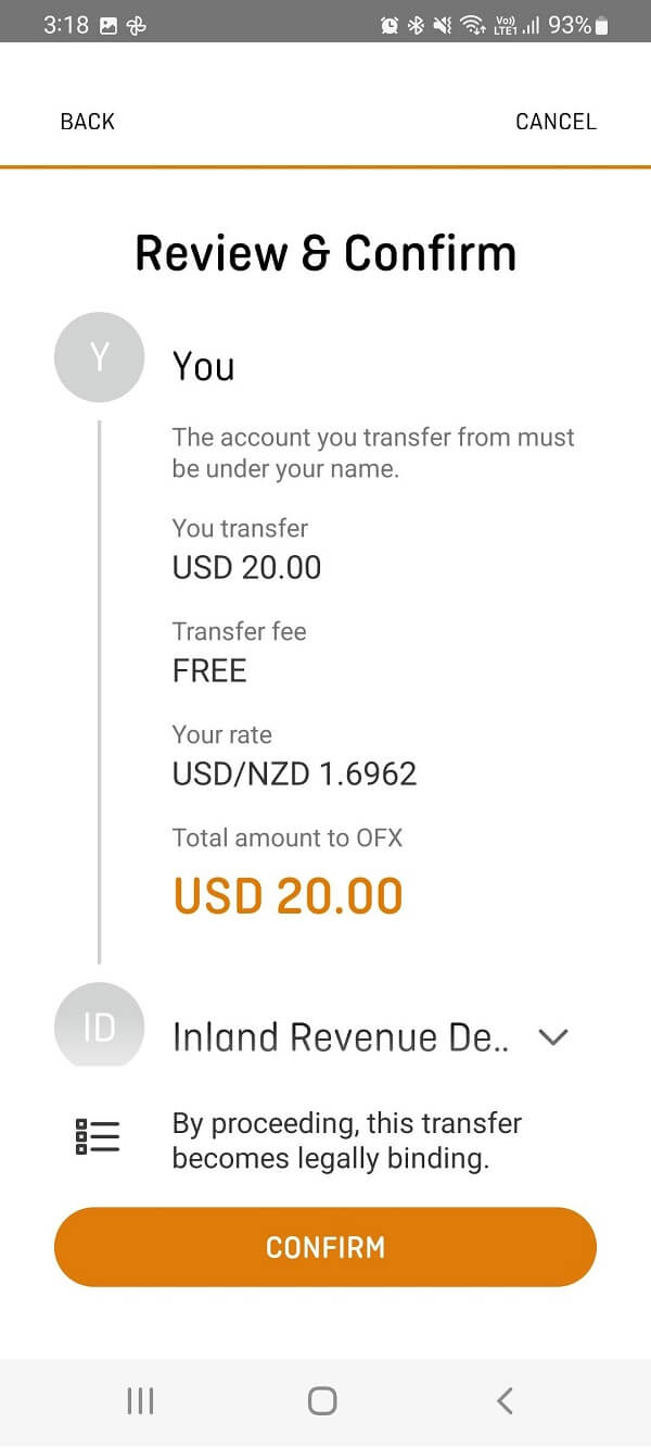 An image showing how to review and confirm your OFX IRD tax payment money transfer