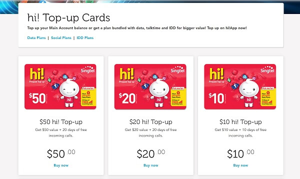 An image showing various Singtel Hi prepaid mobile top up cards
