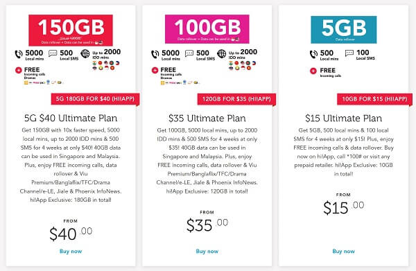An image showing various Singtel prepaid data plans