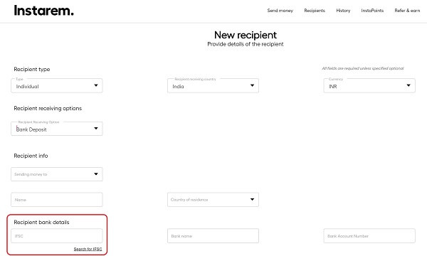 An image showing how to enter an IFSC Code when adding a recipient when sending money to India from overseas using Instarem