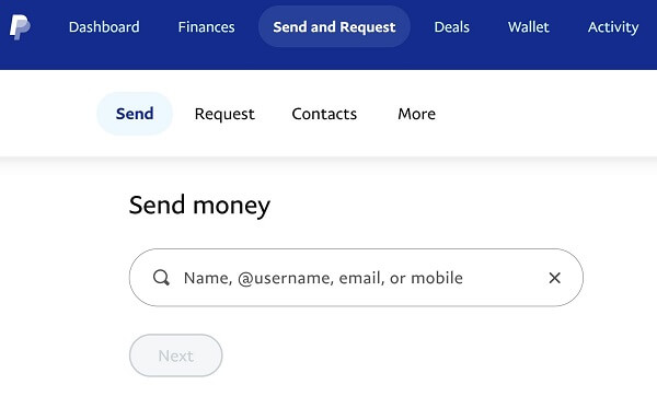 An image showing how to choose or create a recipient when sending money with PayPal