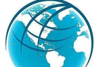 A stylized image of the planet Earth behind a line of diverse silhouette people