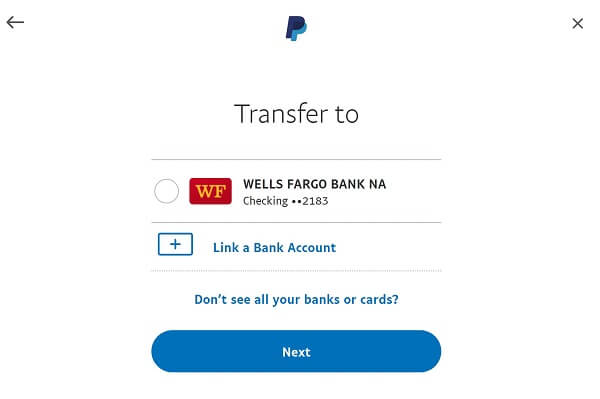 An image showing how to pick a bank account for moving money from PayPal to your bank account