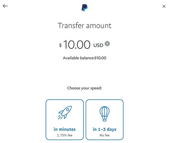 An image showing how to enter transfer amount and choose transfer speed for moving money from PayPal to your bank account