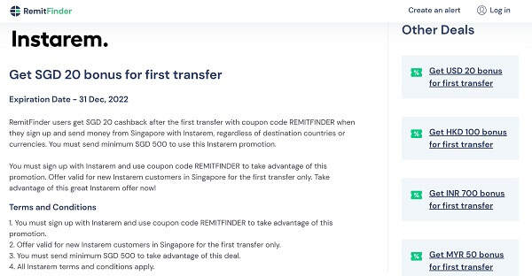 Instarem promotion for RemitFinder users with SGD 20 cashback for first money transfer