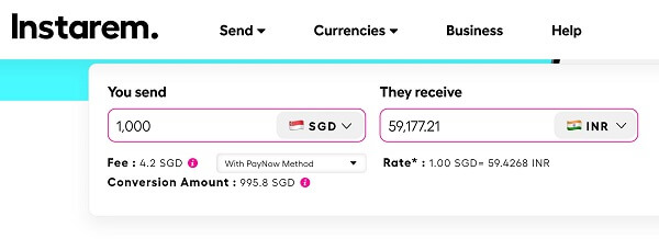 Instarem exchange rate and fee quote for a SGD 1000 money transfer from Singapore to India