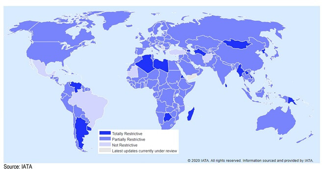 A map showing how nations chose to restrict movements during covid-19
