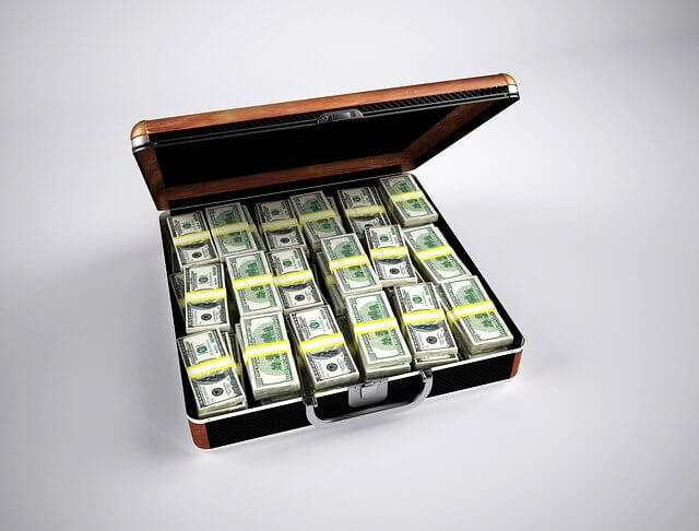 Bundles of US Dollar bills in a metal suitcase