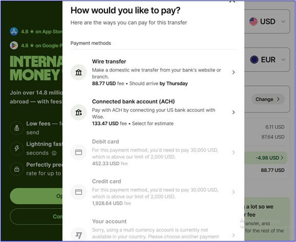 An image showing Wise's international money payment methods