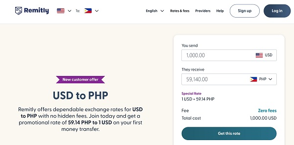 Remitly's exchange rates and fees for a USD 1000 money transfer from the US to the Philippines