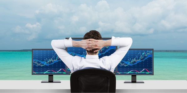 An image of a person working with 2 computer monitors on a beach