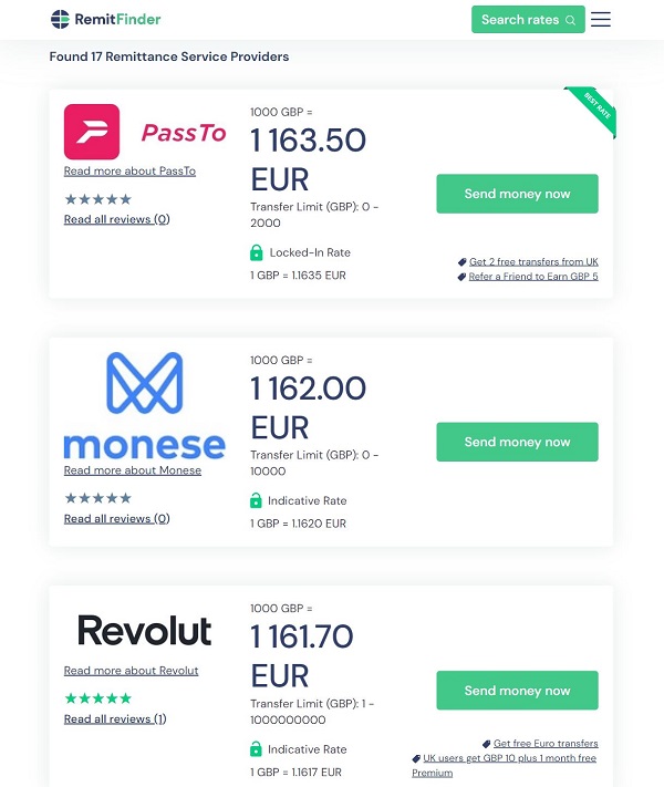 A money transfer comparison table for sending money from UK to France