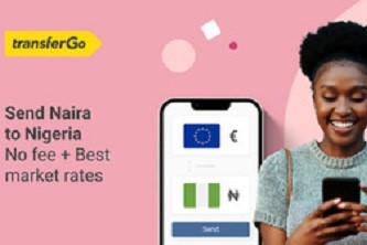 A happy woman using her cellphone with a Euro to Nigerian Naira money transfer widget in the background