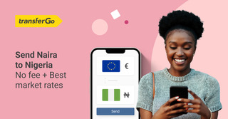 A happy woman using her cellphone with a Euro to Nigerian Naira money transfer widget in the background
