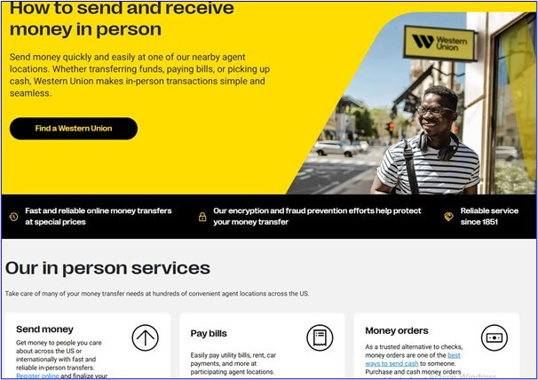 An image showing services that are available at Western Union agent locations