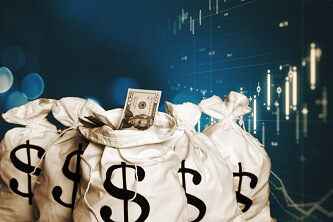 Bags of banknotes with the US Dollar sign printed on them with a US Dollar bill sticking out of one of the bags