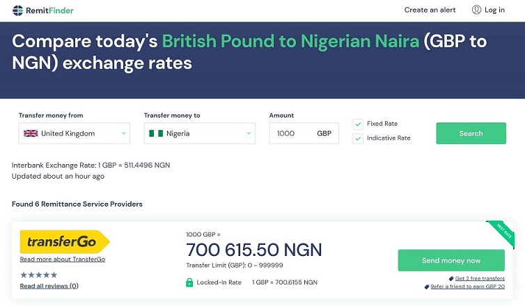 Exchange rates to send money from UK to Nigeria on RemitFinder.com