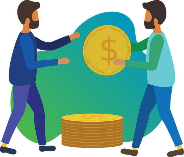 A graphic of one person handling a big coin to another from a pile of coins