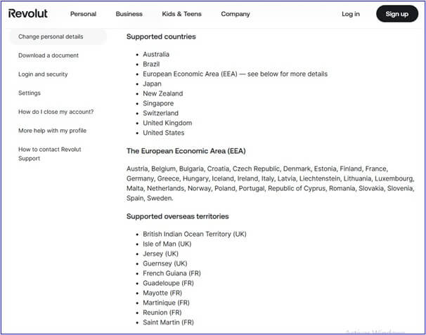 An image showing countries you can send money to with Revolut
