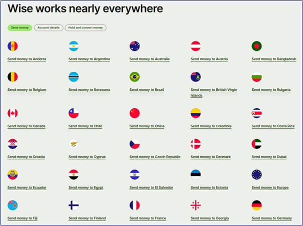 An image showing countries where you can send money to with Wise