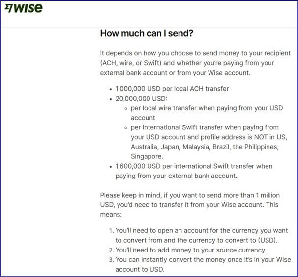 An image showing Wise's international money transfer limits