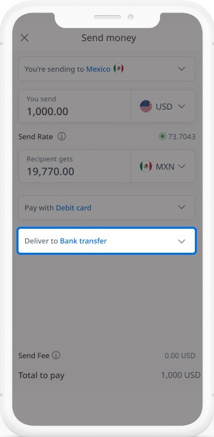 Send money with XE for cash pickup: Step 1 - tap delivery method