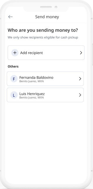 Send money with XE for cash pickup: Step 3 - select recipient