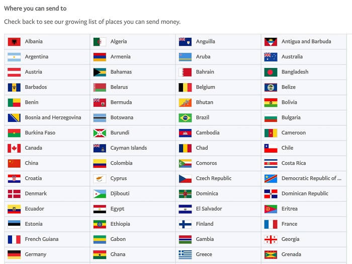 A chart showing all the countries where you can send money to with Xoom