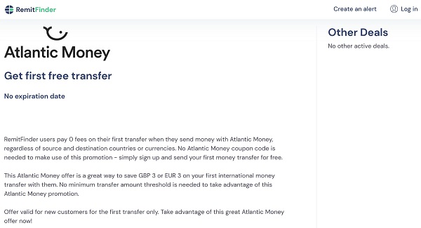 Atlantic Money Promotion - First transfer free for RemitFinder users