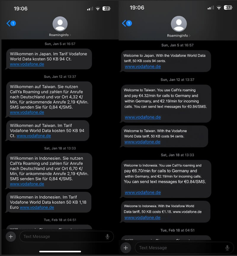 An image showing the cost of roaming in various countries wih a telecom provider