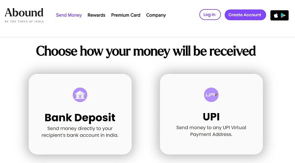 An image showing delivery methods supported by Abound money transfer
