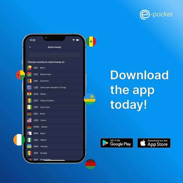 Download the e-Pocket mobile app to send money abroad from Australia