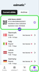 How to activate an Esimatic eSIM - select your purchased eSIM in the app