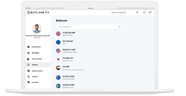 A screenshot showing Rutland FX's free multi-currency accounts